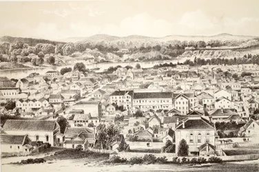Brisbane, z Historii Australazji autorstwa Davida Blaira, McGrady, Thomsona i Nivena, 1879