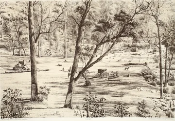 Free Selectors Hut, z Historii Australazji autorstwa Davida Blaira, McGrady, Thomson i Niven, 1879