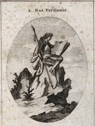 Allegorie du merite przedstawia na szczycie stromej skały z bronią i symbolizującą ją księgą jako rezultat jego prac i studiów. Grawerowanie w „” ikonologii lub pomysłach z zakresu pasji i alegorii przedstawionych do rysowania