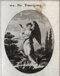 Alegoria uczucia lub życzliwości. Jej atrybutem jest jaszczurka, symbol jej dobroci i naturalnego uczucia do ludzi. Rycina w „Iconologie oder Ideen aus dem Gebiete der Leidenschaften und Allegorien bildlich dargestellt für Zeichner, Maler, Dichter,”