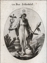 Alegoria losu. Gwiazda nad nią ukazuje wpływ astrologii na wydarzenia ludzkiego życia. W jednej ręce trzyma liściasty symbol swej mocy, a w drugiej symbol pałki wodnej i wrzeciono, którego zerwana nić wskazuje na kruchość życia. Ziemia h