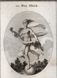 Alegoria fortuny przedstawiona z opaską na oczach, aby pokazać, że jest ślepa na swoje dary. Trzyma róg obfitujący w berła, korony, klejnoty i monety. Jest umieszczony na kuli, która szybko się obraca. Grawerowanie w „” Iconologie oder Ideen aus dem Gebiet