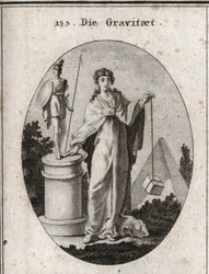 Alegoria grawitacji. Złoty łańcuszek, do którego przymocowany jest papier, symbolizuje zaufanie. Kolumna i posąg oznaczają zachowanie chwalebnych działań, a kamień oznacza ważenie. Grawerowanie w „” Iconologie oder Ideen aus dem Gebiete der Leidenschaften