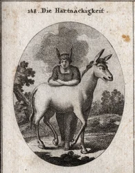 Alegoria uporu oparta na mule. Ośle uszy na jej głowie są symbolem niewiedzy i zawziętości. Para wokół jej głowy oznacza, że jej rozum jest zamroczony. Rycina w „Ikonologii, czyli ideach z dziedziny namiętności i alegorii“