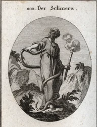 Alegoria bólu. Otacza go potworny wąż, który po związaniu nóg zyskuje ciało i próbuje ugryźć jego serce. Trzyma pochodnię, która wciąż pali, co oznacza, że uśmierzenie bólu wygasza ogień duszy. Grawerowanie w „” Iconolo