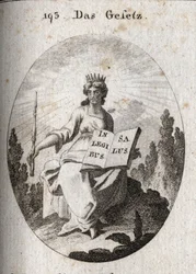 Alegoria prawa. Jego promienny diadem oznacza jego boskie pochodzenie. Berło oznacza jego władzę, a otwarta księga lub księga z napisem „In Legibus Salus” oznacza, że obiecuje nagrodę tym, którzy są mu posłuszni. Rycina w „Iconologie oder Ideen aus dem”