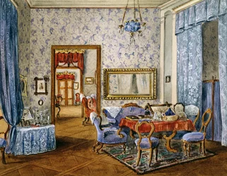 Sypialnia w stylu biedermeier, około 1830, akwarela, Austria