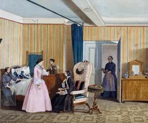 Sypialnia w stylu biedermeier, akwarela, Austria