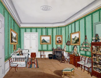 Pokój w stylu biedermeier, około 1850, akwarela, Austria