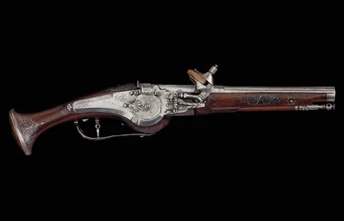 Pistolet karyncki (Ferlach) z blokadą kołową i wewnętrznym automatycznym systemem bezpieczeństwa, ok.1650 (stal i orzech)