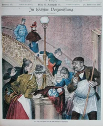 Okładka austriackiego czasopisma przedstawiająca dziecko porzucone na klatce schodowej bloku, 28 listopada 1897 (kolor lito)