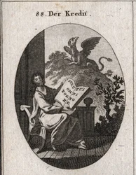 Alegoria kredytu trzymająca księgę z napisem „Solutus omni foenore”, wolny od wszelkich odsetek. W tle gryf, symbol ochrony i zachowania skarbów. Rycina w dziele „Ikonologia, czyli idee z dziedziny cierpień”.