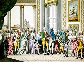Cesarz Leopold II z rodziną przyjmuje w Wiedniu Ferdynanda I, króla Neapolu i Sycylii z rodziną
