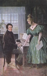 Franz Peter Schubert (1797-1828) grający na fortepianie, pocztówka ok. 1910