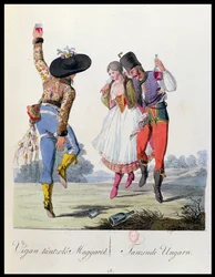 Węgierscy tancerze w tradycyjnych strojach, ilustracja z książki Costumes de Pannonie autorstwa J.H. de Bikkesy, wydana w Wiedniu, 1810 (kolorowe grawerowanie)