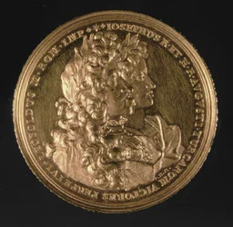 Medalion z portretami świętych cesarzy rzymskich Leopolda I (1640-1705) i Józefa I (1678-1711) autorstwa Philippa Heinricha, 1692 (złoty)