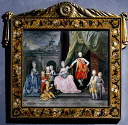 Portret Pierre-Leopolda Habsburg-Lorraine (Pierre Leopold Habsburg Lorraine) (1747-1792) (wówczas Leopold II Świętego Cesarstwa lub Austrii) otacza wraz z rodziną (jego żoną Marie Louise i ośmiorgiem dzieci) Miniatura. 1776 Wiedeń Hofbour