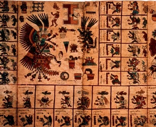 Przedstawienie bóstw azteckich i pól odpowiadających kalendarzowi. Strona z azteckiego rękopisu na korze „Codex Borbonicus”, prekolumbijskiego rdzennego kodeksu ze środkowego Meksyku, koniec XV wieku. Biblioteka Zgromadzenia Narodowego (Palais Bourbon).