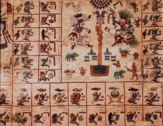 Przedstawienie bóstw azteckich i pól odpowiadających kalendarzowi. Strona azteckiego rękopisu na korze „Codex Borbonicus”, prekolumbijskiego rdzennego kodeksu ze środkowego Meksyku, koniec XV wieku. Biblioteka Zgromadzenia Narodowego (Palais Bourbon).