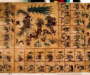 Przedstawienie bóstw azteckich i pól odpowiadających kalendarzowi. Strona azteckiego rękopisu na korze „Codex Borbonicus”, prekolumbijskiego rdzennego kodeksu ze środkowego Meksyku, koniec XV wieku. Biblioteka Zgromadzenia Narodowego (Palais Bourbon).