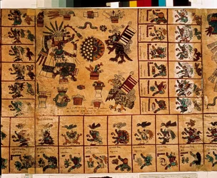 Przedstawienie bóstw azteckich i pól odpowiadających kalendarzowi. Strona azteckiego rękopisu na korze „Codex Borbonicus”, prekolumbijskiego rdzennego kodeksu ze środkowego Meksyku, koniec XV wieku. Biblioteka Zgromadzenia Narodowego (Palais Bourbon).