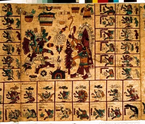 Przedstawienie bóstw azteckich i pól odpowiadających kalendarzowi. Strona azteckiego rękopisu na korze „Codex Borbonicus”, prekolumbijskiego rdzennego kodeksu ze środkowego Meksyku, koniec XV wieku. Biblioteka Zgromadzenia Narodowego (Palais Bourbon).