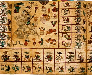 Przedstawienie azteckich bóstw i pól odpowiadających kalendarzowi. Strona azteckiego rękopisu na korze „Codex Borbonicus”, prekolumbijskiego rdzennego kodeksu ze środkowego Meksyku, koniec XV wieku. Biblioteka Zgromadzenia Narodowego (Palais Bourbon).