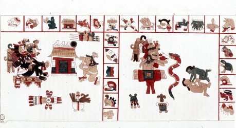 Aztecki bóg Cihuacohuatl przedstawiony w rękopisie hieroglificznym, piktogramy.