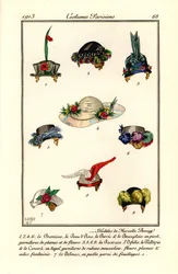 Projekty kapeluszy damskich autorstwa modystki Marcelle Demay. Modele Marcelle Demay. Ręcznie kolorowana akwaforta (szablon) według ilustracji B. Berty z Journal des Dames et des Modes Tommaso Antongini, Aux Bureaux du Journal des Dames, Paryż
