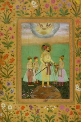 Shah Jahan (1592-1666) stoi na wielkim globie otoczony czwórką dzieci, z albumu Minto