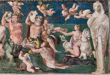 Triumf Wenus, scena morska z delfinami i amorkami