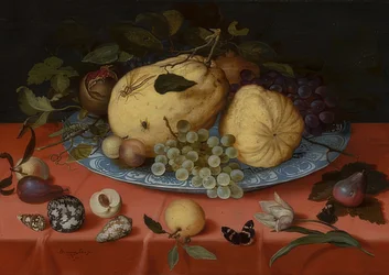 Owoce martwa natura z muszelkami i tulipanem. 1620