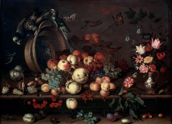 Martwa natura z owocami, kwiatami i papugami, 1620s