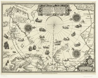 Mapa krajów wokół koła podbiegunowego z trzema podróżami Holendrów w 1598 roku