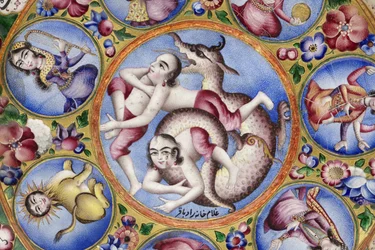 Misa z pokrywką, spodek i łyżka z dekoracją astrologiczną, początek XIX w.