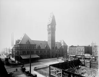 Stacja Dearborn, Chicago, Illinois, USA, ok. 1883 (zdjęcie czarno-białe)