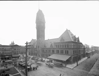 Stacja Dearborn, Chicago, Illinois, USA, ok. 1883 (zdjęcie czarno-białe)