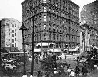 Randolph and Dearborn Streets, Chicago, Illinois, USA, ok. 1900 (zdjęcie czarno-białe)