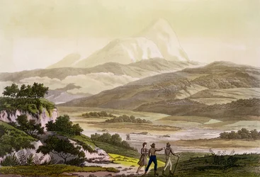 Góra Cayambe, Ekwador, z „Le Costume Ancien et Moderne”, tom II, tablica 3, autorstwa Julesa Ferraria, rytowana przez Paolo Fumagalliego, opublikowana około lat 1820-1830