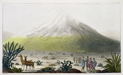 Góra Chimborazo, Ekwador, z „Le Costume Ancien et Moderne”, tom II, tablica 3, autorstwa Julesa Ferraria, rytowana przez Paola Fumagalliego, opublikowana około lat 1820-30