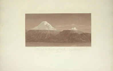 Widok na Chimborazo i Carguairazo, rysunek Gmelina, rytowany przez Arnolda, ilustracja z «Vues des Cordillères et Monumens des Peuples Indigènes de l