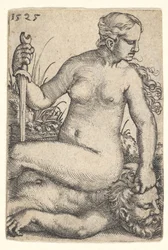 Judyta, patrząc w prawo, siedząca nago na zwłokach Holofernesa, ze św..., 1525.