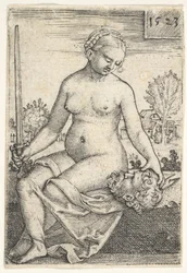 Judyta, siedząca naga z mieczem w prawej ręce, wpatrująca się w głowę Holofernesa..., 1523.