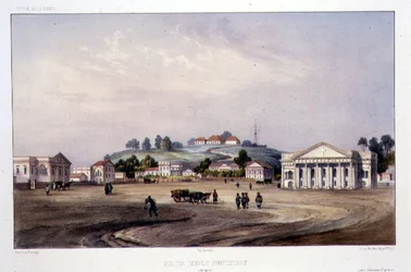 Widok świątyni protestanckiej, Singapur, rytowany przez Alfreda Leona Lemerciera, ok. 1840 r. (litografia ręcznie kolorowana)
