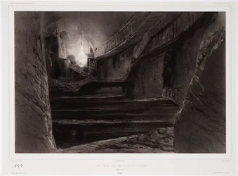 Widok wykonany w kopalniach w Wieliczce, Polska, 20 marca 1840 r., sztychowany przez Sabatiera (podbarwiona litografia)