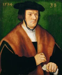 Gerhard von Westerburg (1486-po 1539), półpostać, w płaszczu obszytym futrem i czarnym kapeluszu