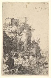 Kaskady w pobliżu Ponte della Trave, z budynkami na skalnym występie powyżej, z serii ..., 1639.