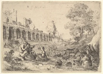Korsyka siedząca przed satyrami na brzegu rzeki, z pary talerzy dla Battista Gu..., 1640.
