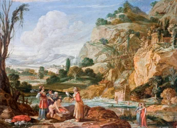 ""Dziecko Mojżesza odnalezione przez córkę faraona"" (Znalezienie niemowlęcia Mojżesza przez córkę faraona) Obraz Bartholomeusa Breenbergha (1598-1657) Olej na miedzi XVII wiek Wymiary 18,5x25 cm Hallwylska Museet, Sztokholm