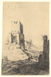 Widok na Ponte Mammolo, w tle most, pośrodku wieża z rampą..., 1639.